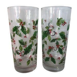 Holly Berry Christmas Print Tumbler Drinking Glasses One Pair Unmarked EUC